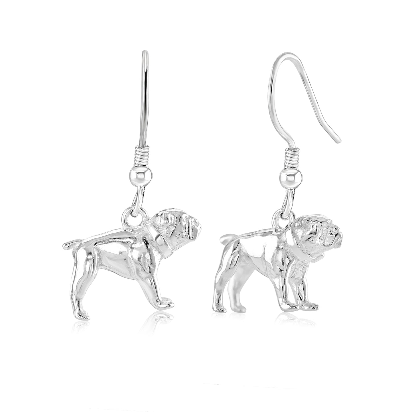 A pair of silver earrings in the shape of English Bulldog charms attached to hoop earrings.