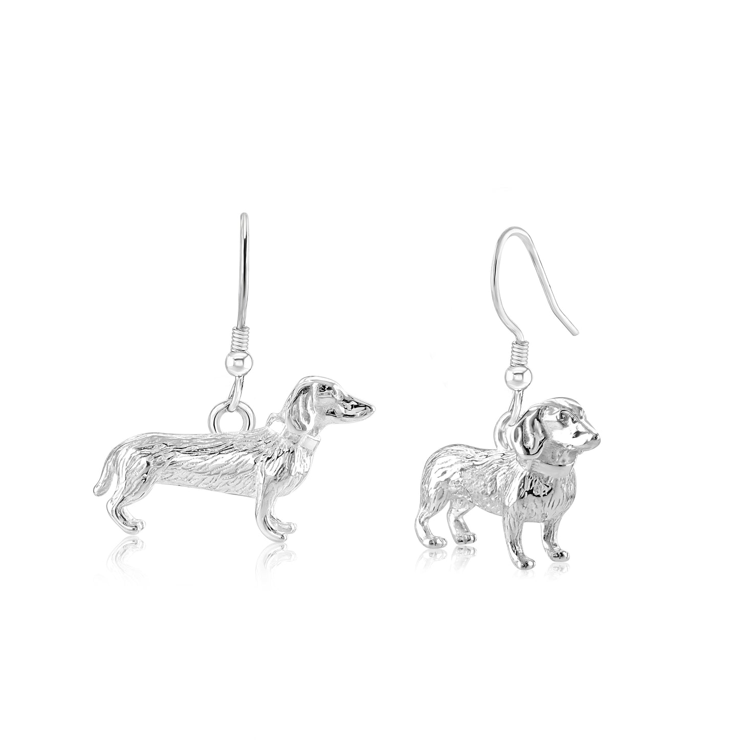 Sterling silver dachshund-shaped earrings, with one earring showing the hook style and the other the huggie hoop style, against a white background.
