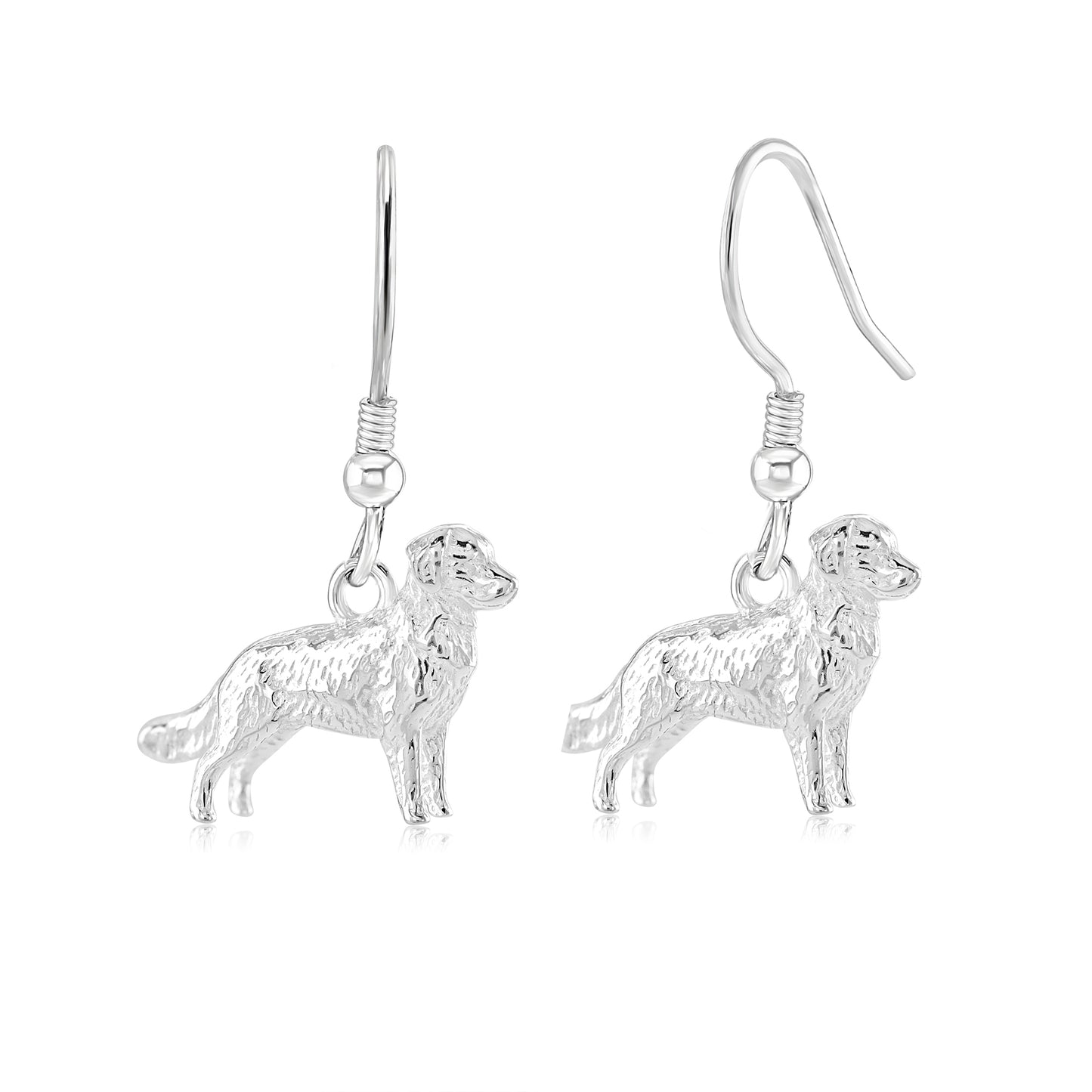 Sterling silver earrings in the shape of a Golden Retriever, featuring a detailed and three-dimensional design, attached to hoop earrings.